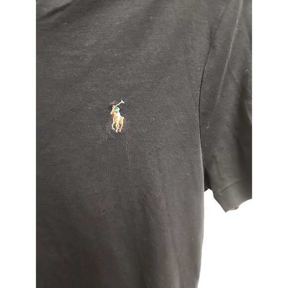 Polo Ralph Lauren Shirt Womens Med Black Pony Logo V Neck Casual Preppy Ladies - Picture 4 of 7